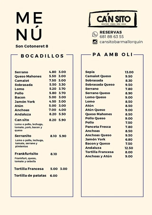 Ca'n Sito Bar Mallorquín carta